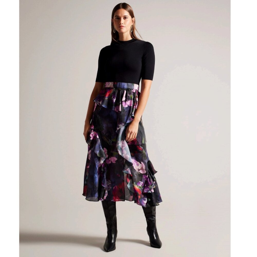 Ted Baker Black Top with Multi-Colored Floral Midi Skirt